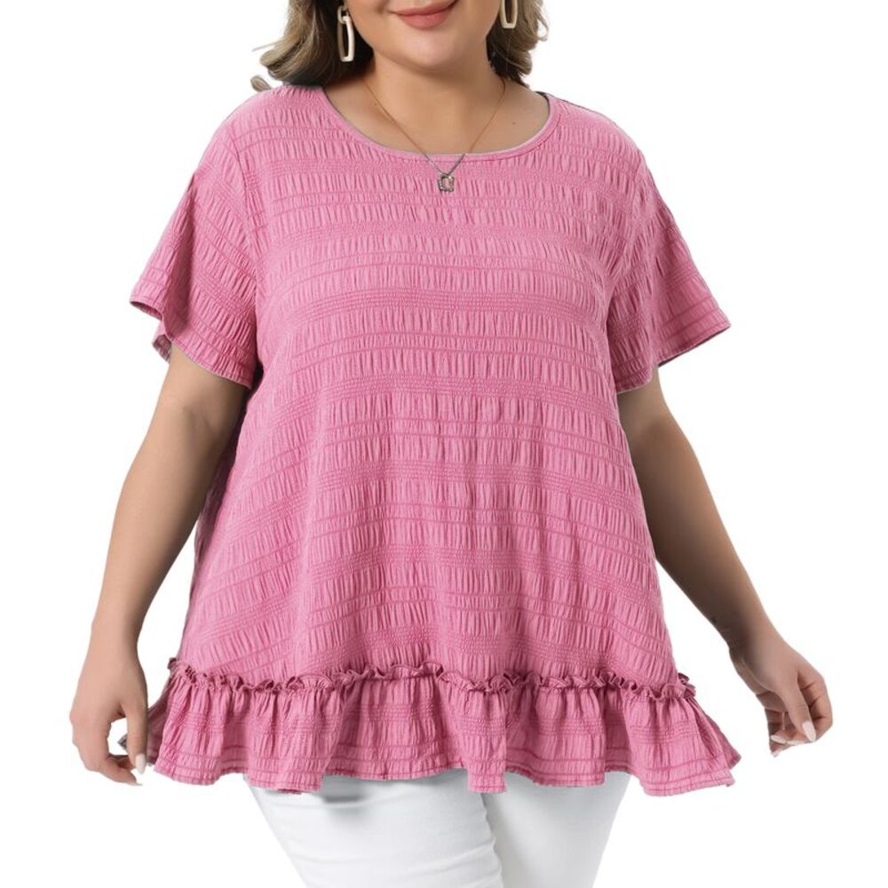 Women Plus Size Short Sleeve Summer Loose Fit Flowy Blouse Top Pink